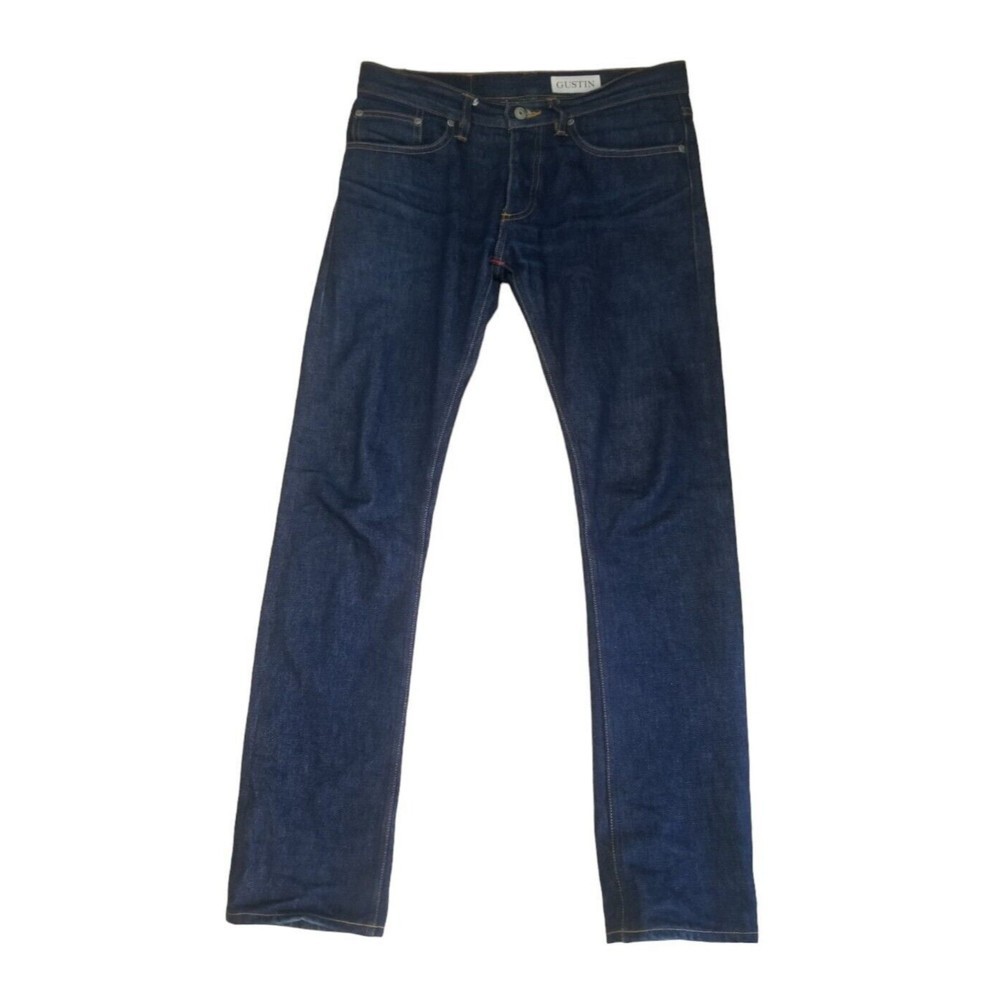 Gustin Mens Size 32 Blue Denim Dark Wash Button Fly Made In USA Skinny Jeans